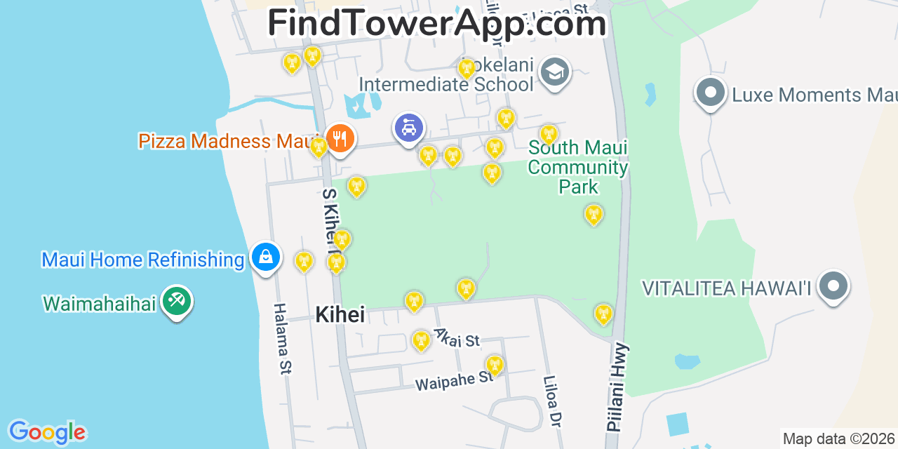 Map showing the 20 primary cell tower locations detected in Kīhei, Hawaii from AT&T, Verizon, and T-Mobile networks