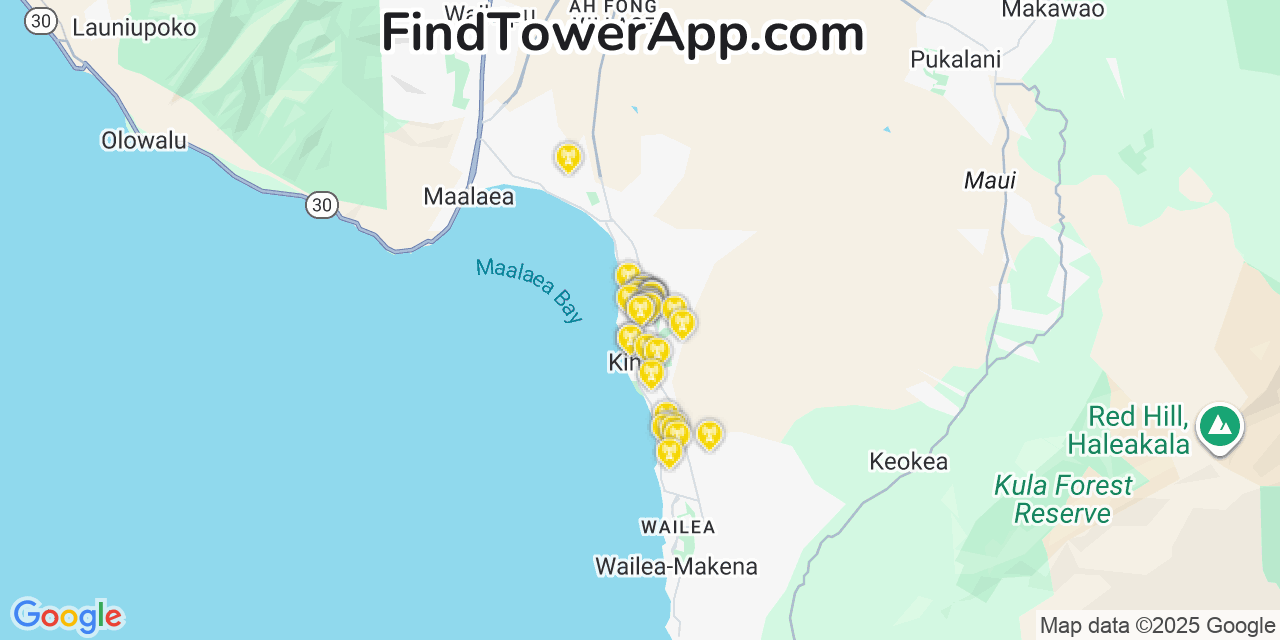 Map showing the 36 primary T-Mobile cell tower locations detected in Kīhei, Hawaii with coverage radius and signal strength indicators