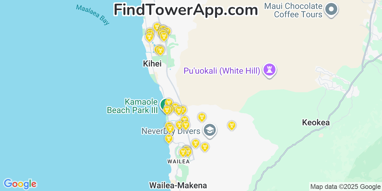 Map showing the 34 primary Verizon cell tower locations detected in Kīhei, Hawaii with coverage radius and signal strength indicators