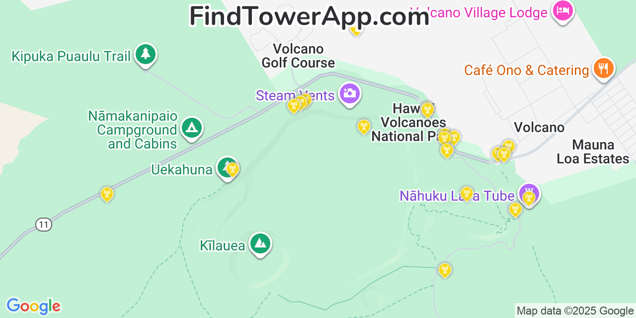 Map showing the 20 primary AT&T cell tower locations detected in Kīlauea, Hawaii with coverage radius and signal strength indicators