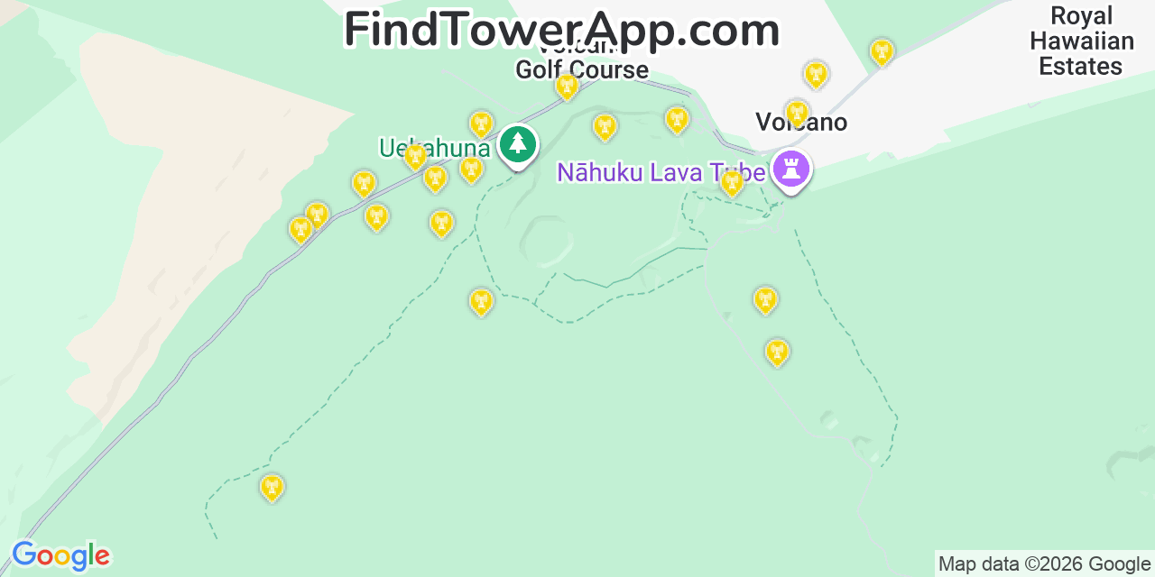 Map showing the 20 primary cell tower locations detected in Kīlauea, Hawaii from AT&T, Verizon, and T-Mobile networks