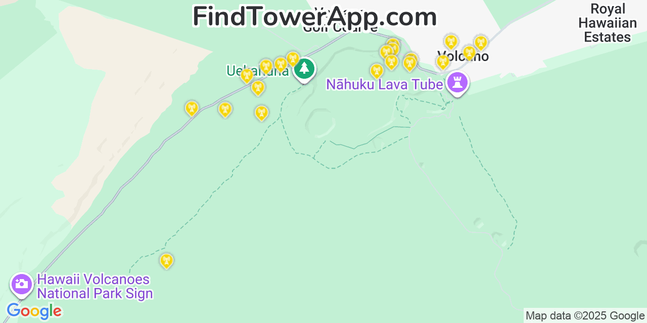 Map showing the 20 primary T-Mobile cell tower locations detected in Kīlauea, Hawaii with coverage radius and signal strength indicators