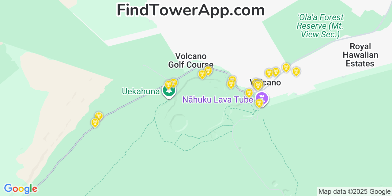 Map showing the 20 primary Verizon cell tower locations detected in Kīlauea, Hawaii with coverage radius and signal strength indicators