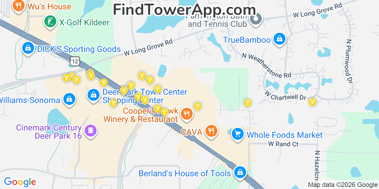 Map showing the 20 primary cell tower locations detected in Kildeer, Illinois from AT&T, Verizon, and T-Mobile networks