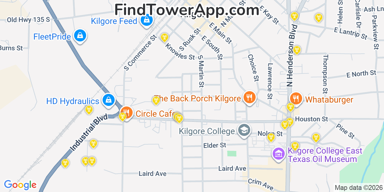Map showing the 20 primary cell tower locations detected in Kilgore, Texas from AT&T, Verizon, and T-Mobile networks