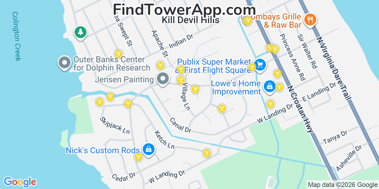 Map showing the 20 primary cell tower locations detected in Kill Devil Hills, North Carolina from AT&T, Verizon, and T-Mobile networks