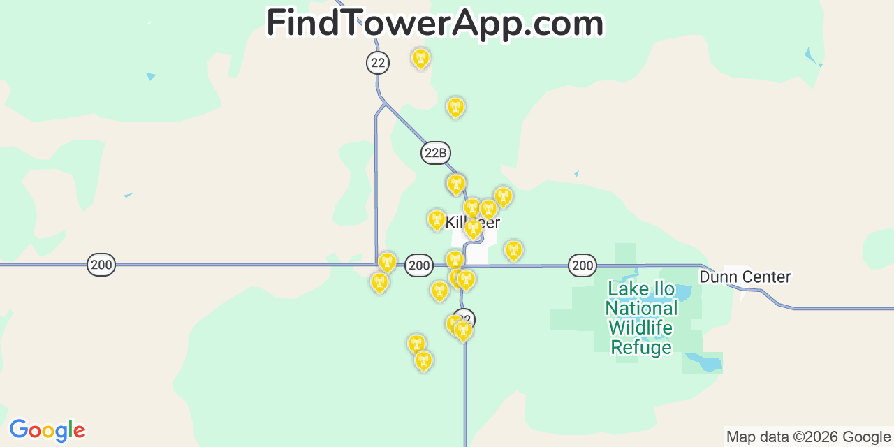 Map showing the 20 primary cell tower locations detected in Killdeer, North Dakota from AT&T, Verizon, and T-Mobile networks