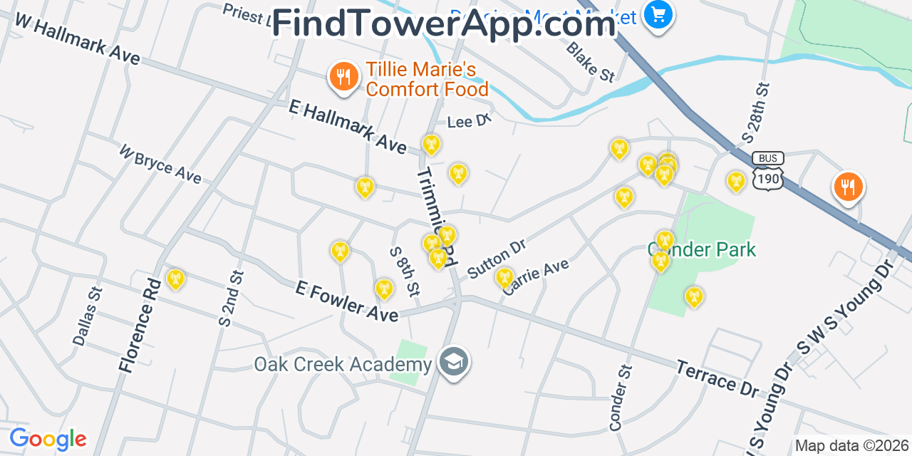 Map showing the 20 primary cell tower locations detected in Killeen, Texas from AT&T, Verizon, and T-Mobile networks