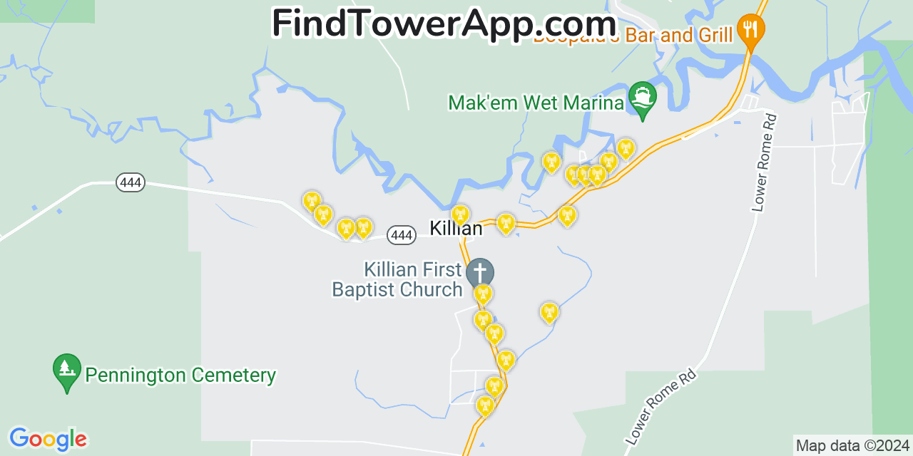 AT&T 4G/5G cell tower coverage map Killian, Louisiana