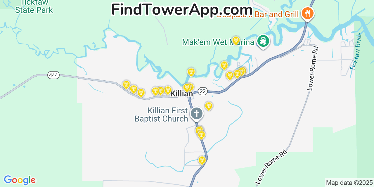 Map showing the 20 primary cell tower locations detected in Killian, Louisiana from AT&T, Verizon, and T-Mobile networks