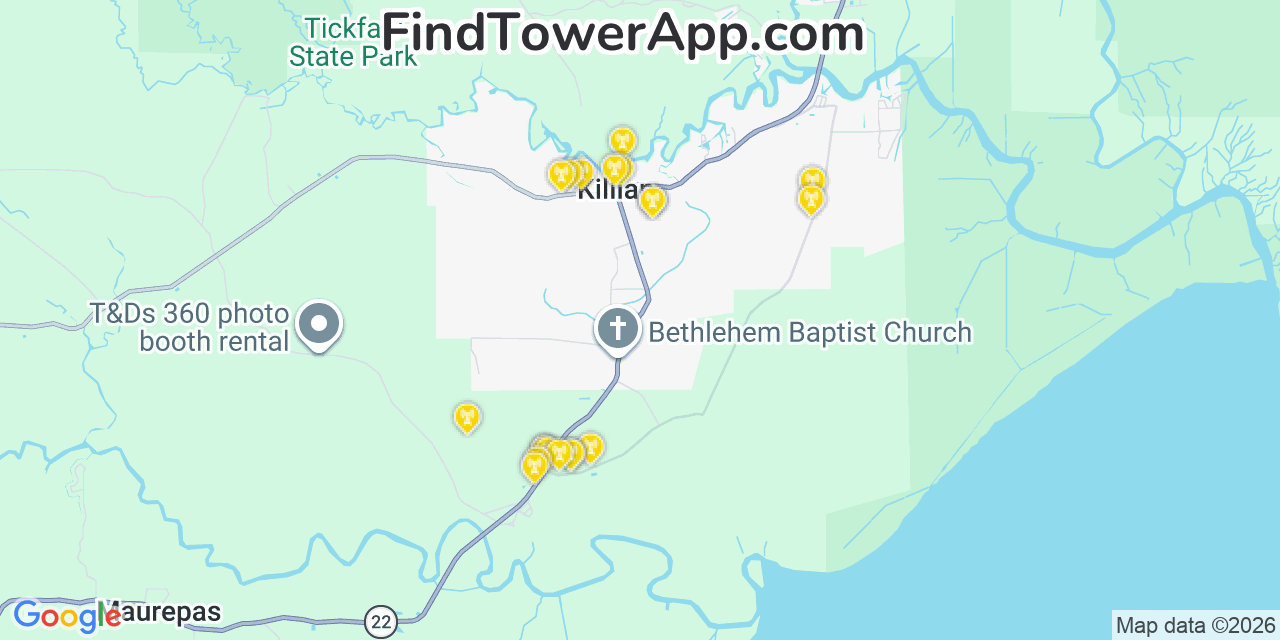 Map showing the 20 primary cell tower locations detected in Killian, Louisiana from AT&T, Verizon, and T-Mobile networks