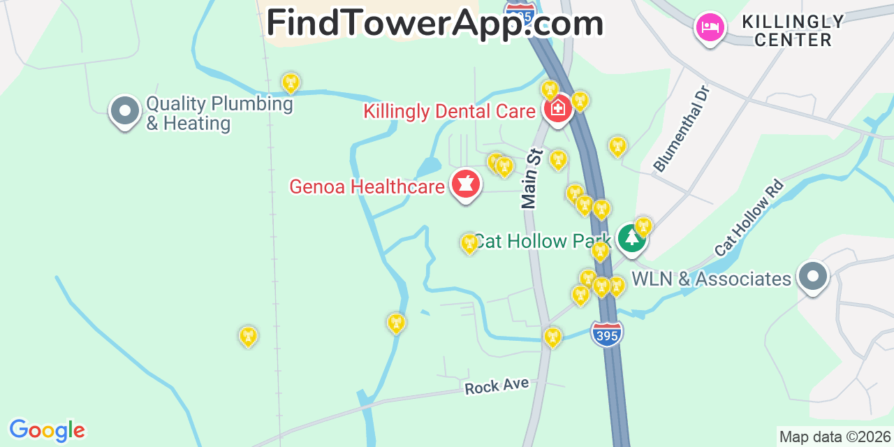Map showing the 20 primary cell tower locations detected in Killingly Center, Connecticut from AT&T, Verizon, and T-Mobile networks