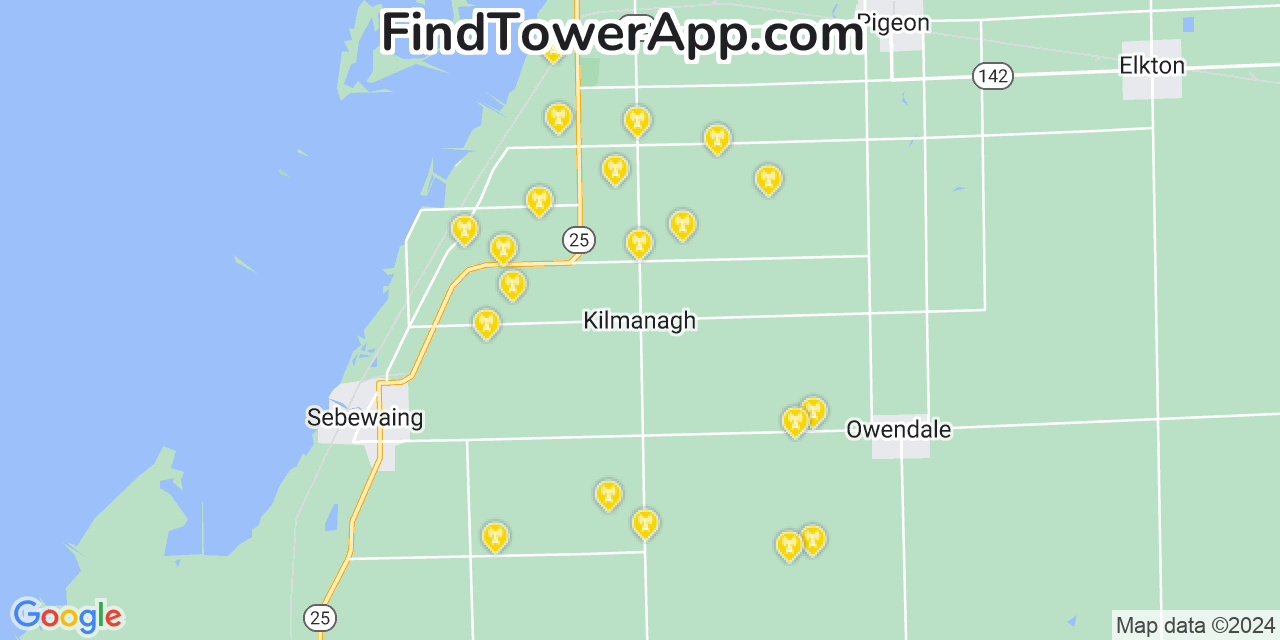 AT&T 4G/5G cell tower coverage map Kilmanagh, Michigan