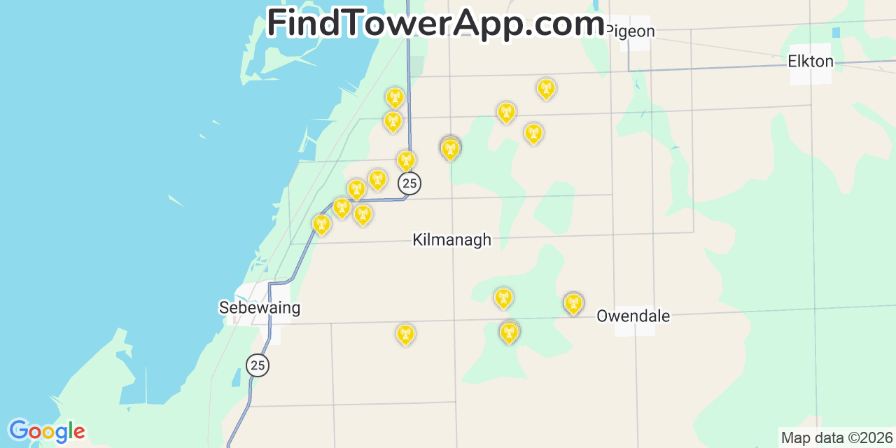 Map showing the 20 primary cell tower locations detected in Kilmanagh, Michigan from AT&T, Verizon, and T-Mobile networks