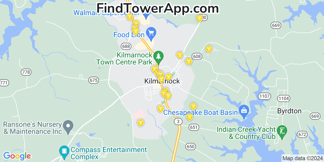 AT&T 4G/5G cell tower coverage map Kilmarnock, Virginia