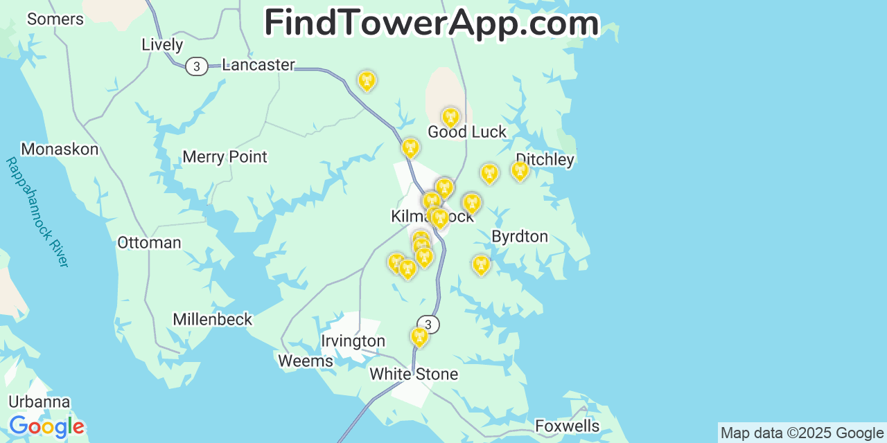 Map showing the 20 primary cell tower locations detected in Kilmarnock, Virginia from AT&T, Verizon, and T-Mobile networks