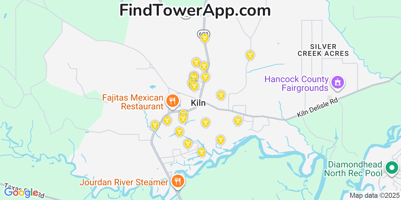 Map showing the 20 primary cell tower locations detected in Kiln, Mississippi from AT&T, Verizon, and T-Mobile networks