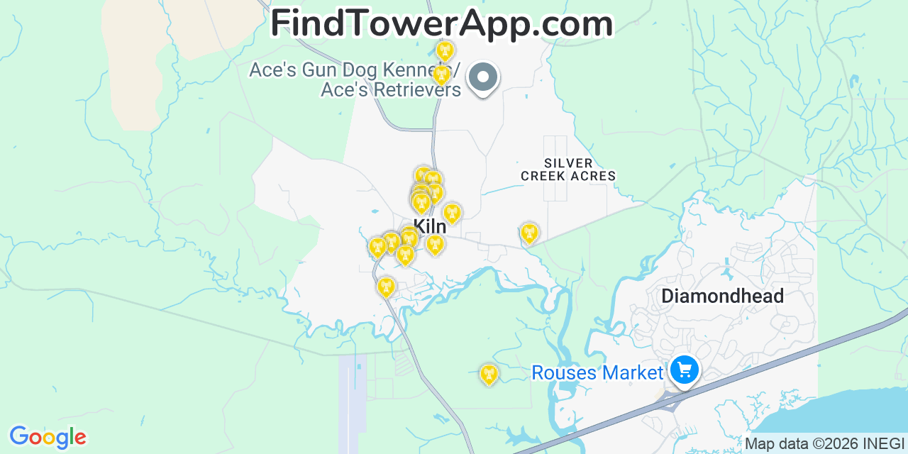Map showing the 20 primary cell tower locations detected in Kiln, Mississippi from AT&T, Verizon, and T-Mobile networks