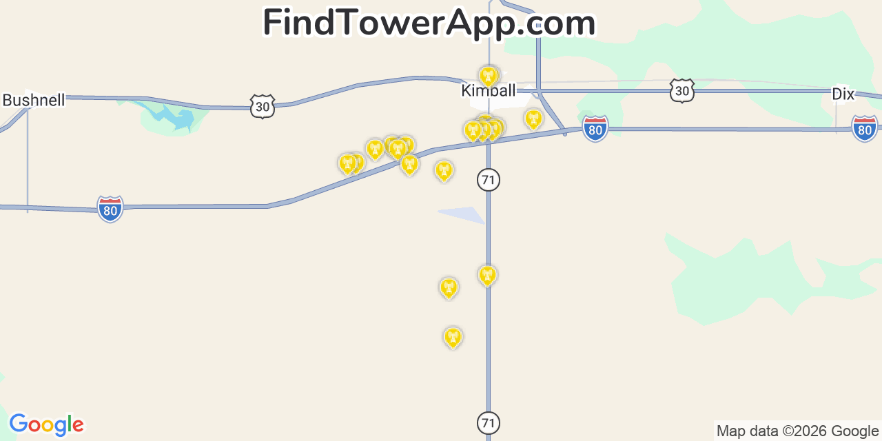 Map showing the 20 primary cell tower locations detected in Kimball, Nebraska from AT&T, Verizon, and T-Mobile networks