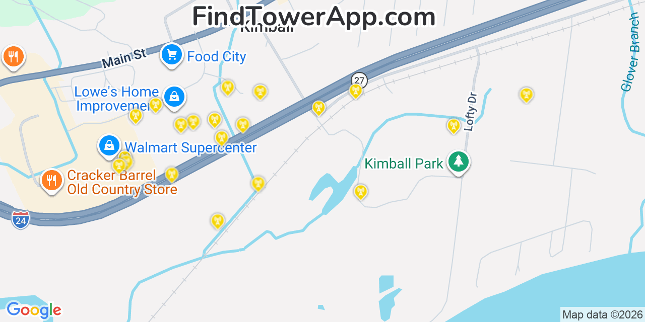 Map showing the 20 primary cell tower locations detected in Kimball, Tennessee from AT&T, Verizon, and T-Mobile networks