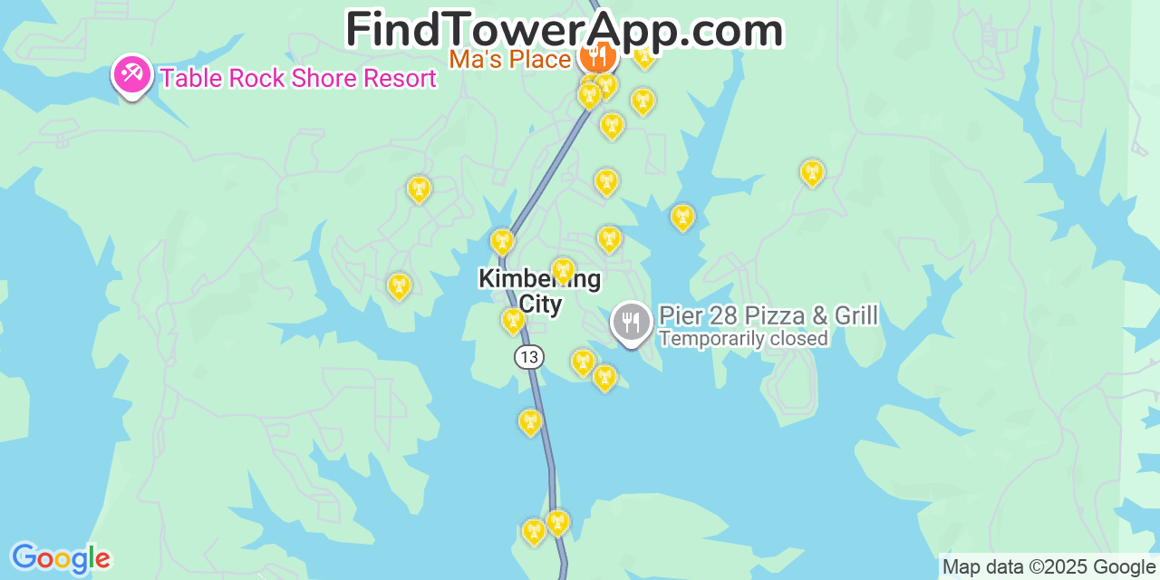 Map showing the 20 primary cell tower locations detected in Kimberling City, Missouri from AT&T, Verizon, and T-Mobile networks