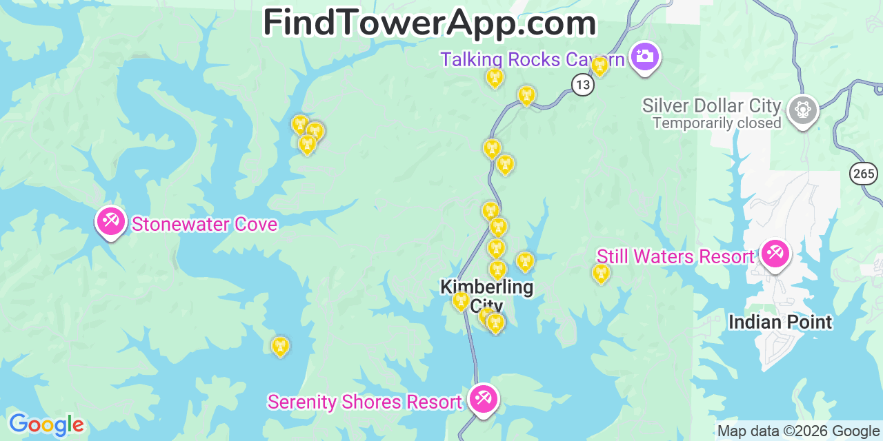Map showing the 20 primary cell tower locations detected in Kimberling City, Missouri from AT&T, Verizon, and T-Mobile networks