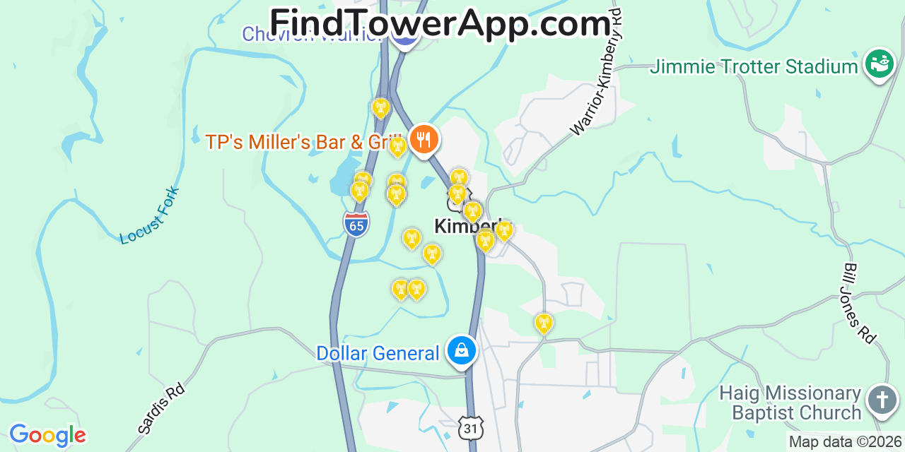 Map showing the 20 primary cell tower locations detected in Kimberly, Alabama from AT&T, Verizon, and T-Mobile networks