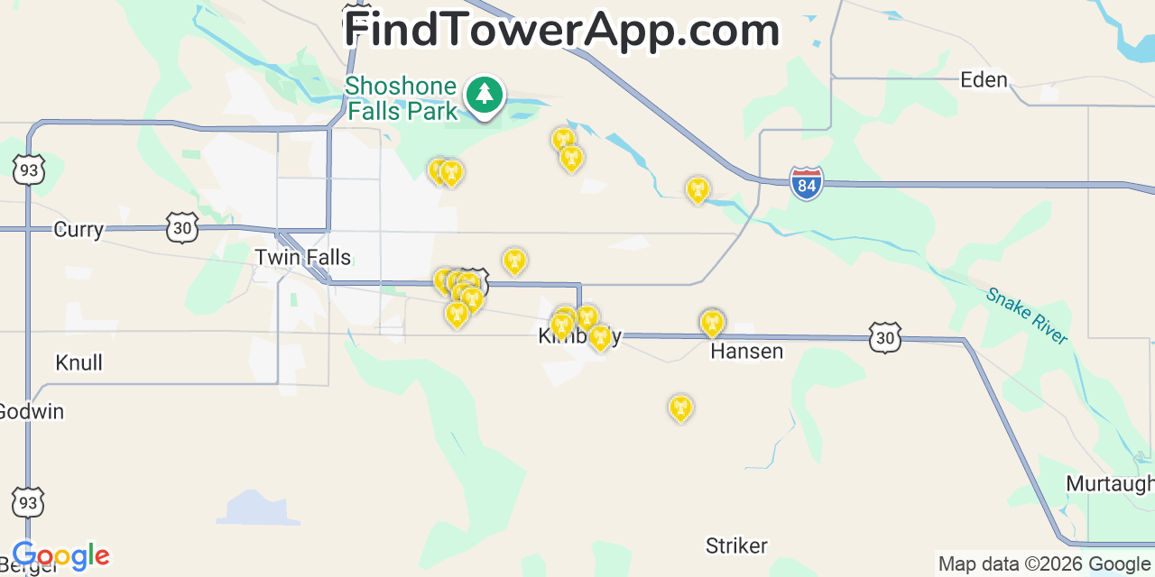 Map showing the 20 primary cell tower locations detected in Kimberly, Idaho from AT&T, Verizon, and T-Mobile networks