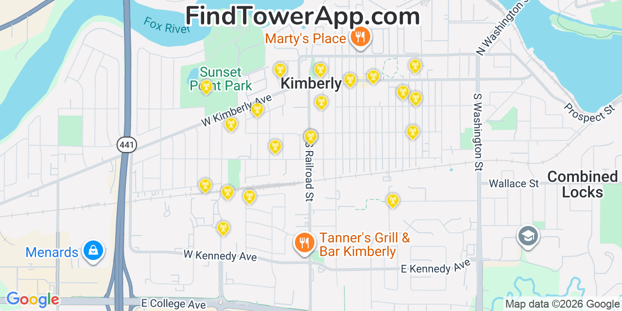 Map showing the 20 primary cell tower locations detected in Kimberly, Wisconsin from AT&T, Verizon, and T-Mobile networks
