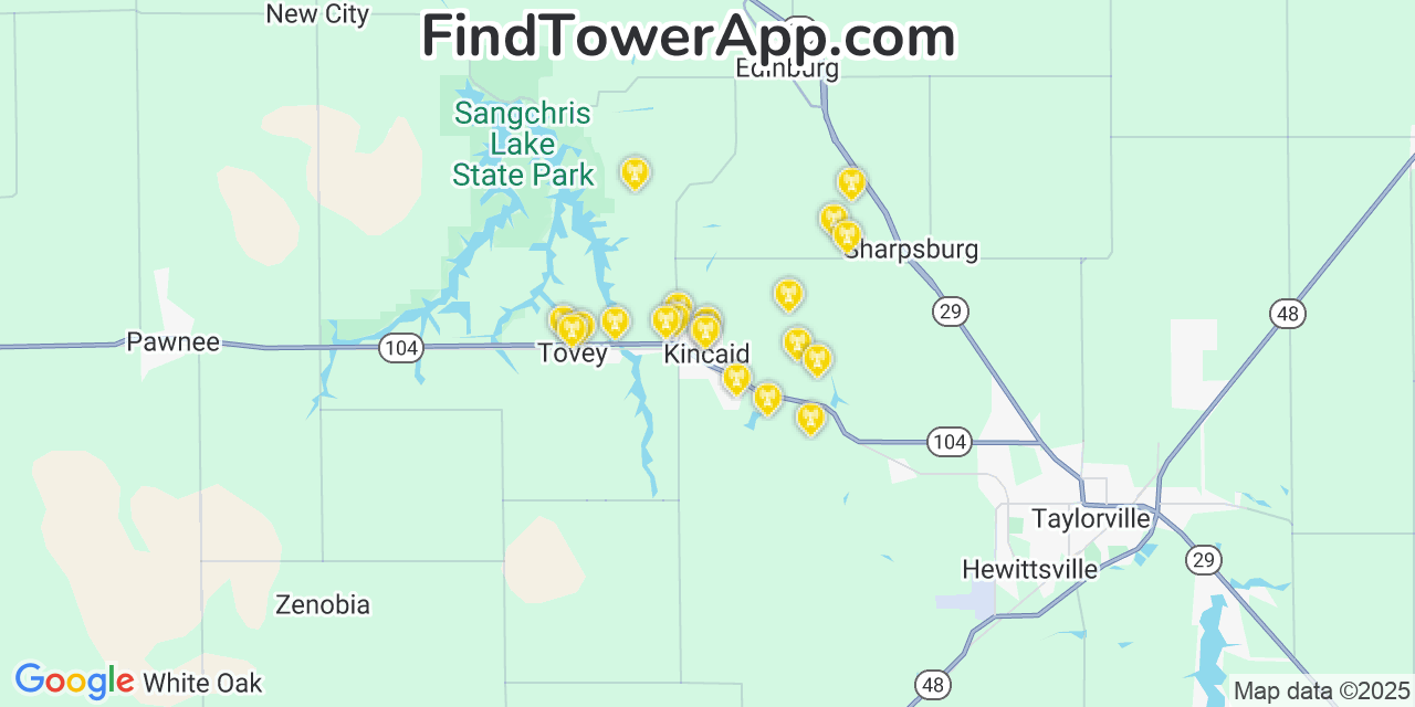 Map showing the 20 primary cell tower locations detected in Kincaid, Illinois from AT&T, Verizon, and T-Mobile networks