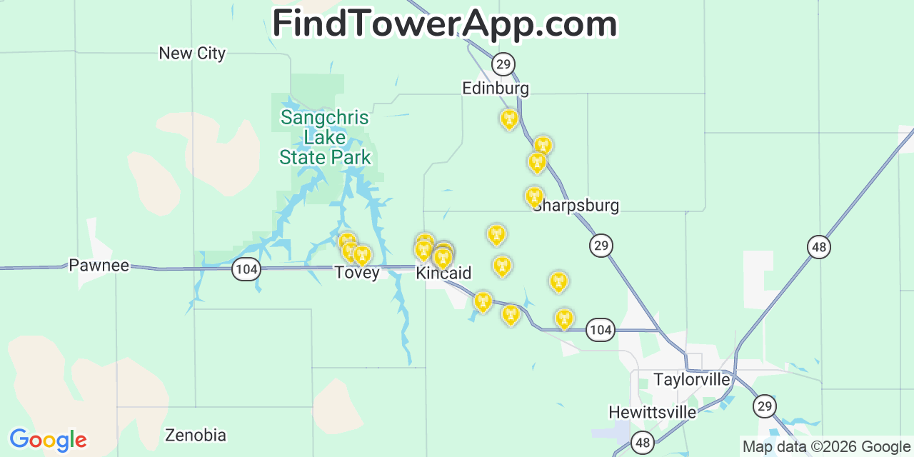 Map showing the 20 primary cell tower locations detected in Kincaid, Illinois from AT&T, Verizon, and T-Mobile networks
