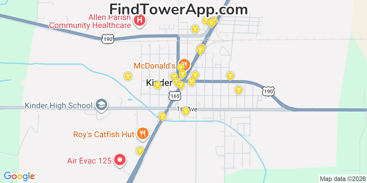Map showing the 20 primary cell tower locations detected in Kinder, Louisiana from AT&T, Verizon, and T-Mobile networks