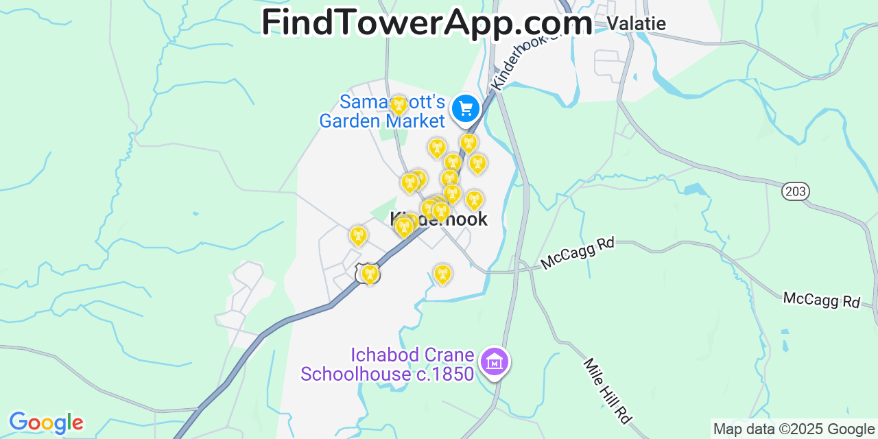 Map showing the 20 primary cell tower locations detected in Kinderhook, New York from AT&T, Verizon, and T-Mobile networks