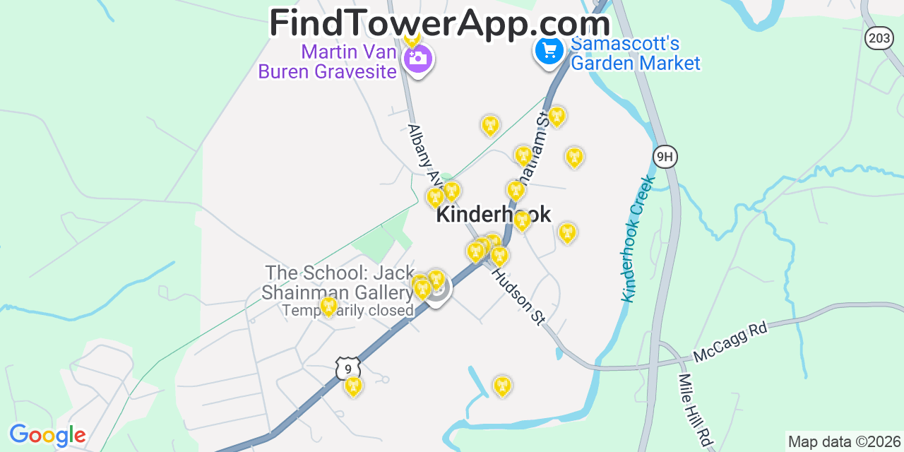 Map showing the 20 primary cell tower locations detected in Kinderhook, New York from AT&T, Verizon, and T-Mobile networks