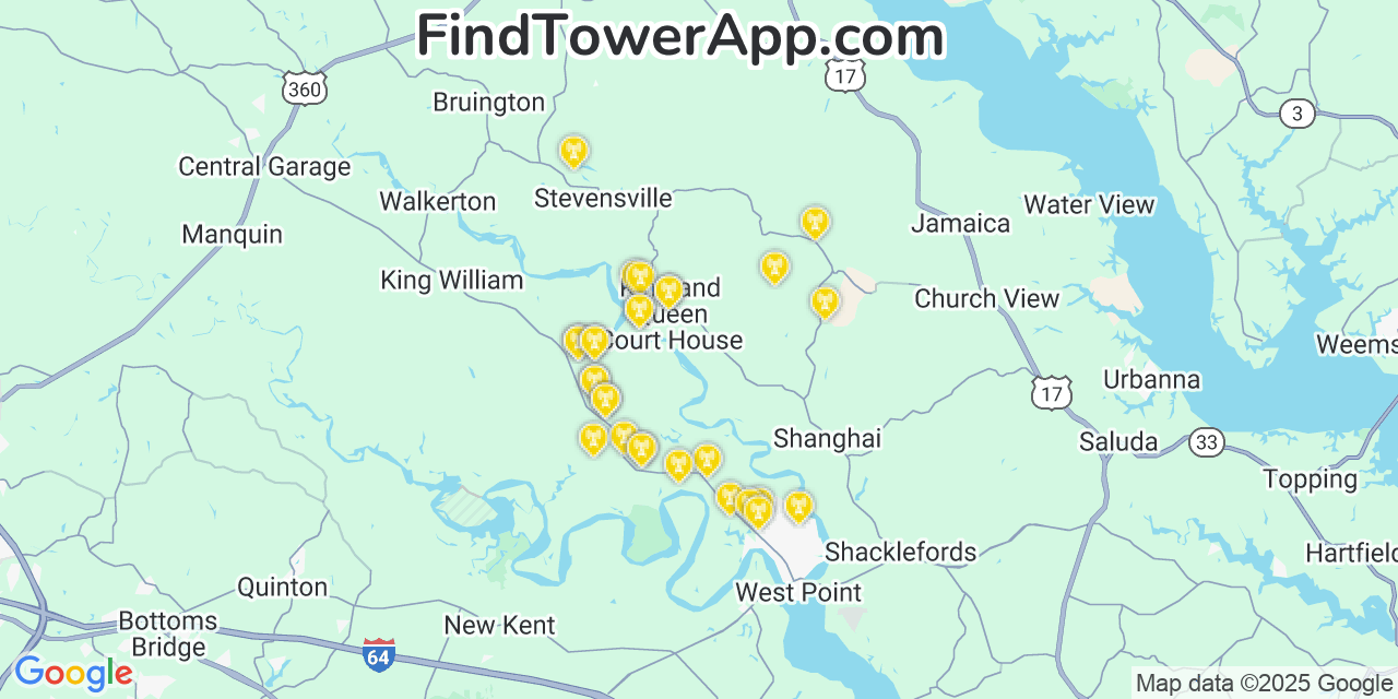 Map showing the 29 primary AT&T cell tower locations detected in King And Queen Court House, Virginia with coverage radius and signal strength indicators