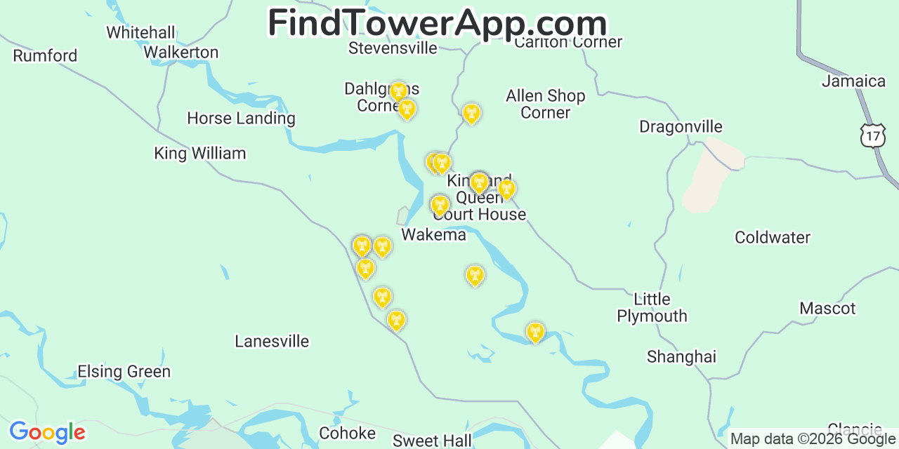 Map showing the 20 primary cell tower locations detected in King And Queen Court House, Virginia from AT&T, Verizon, and T-Mobile networks