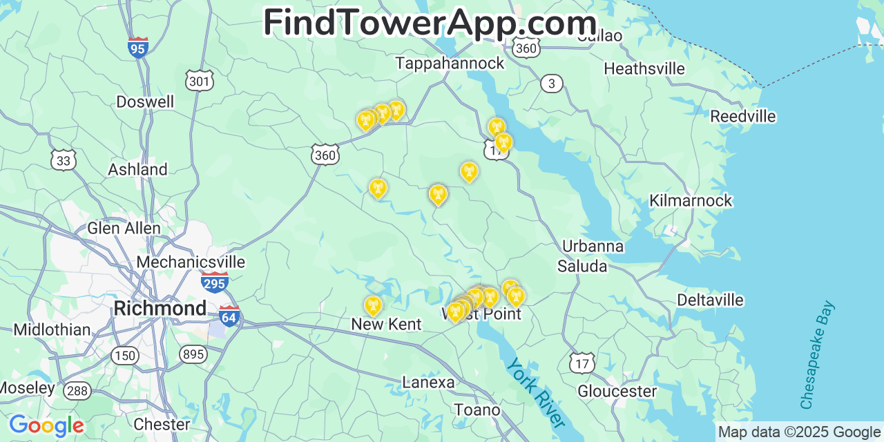 Map showing the 23 primary T-Mobile cell tower locations detected in King And Queen Court House, Virginia with coverage radius and signal strength indicators