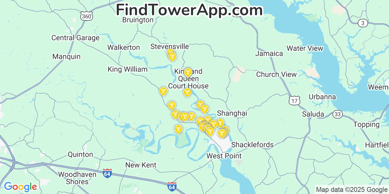 Map showing the 28 primary Verizon cell tower locations detected in King And Queen Court House, Virginia with coverage radius and signal strength indicators