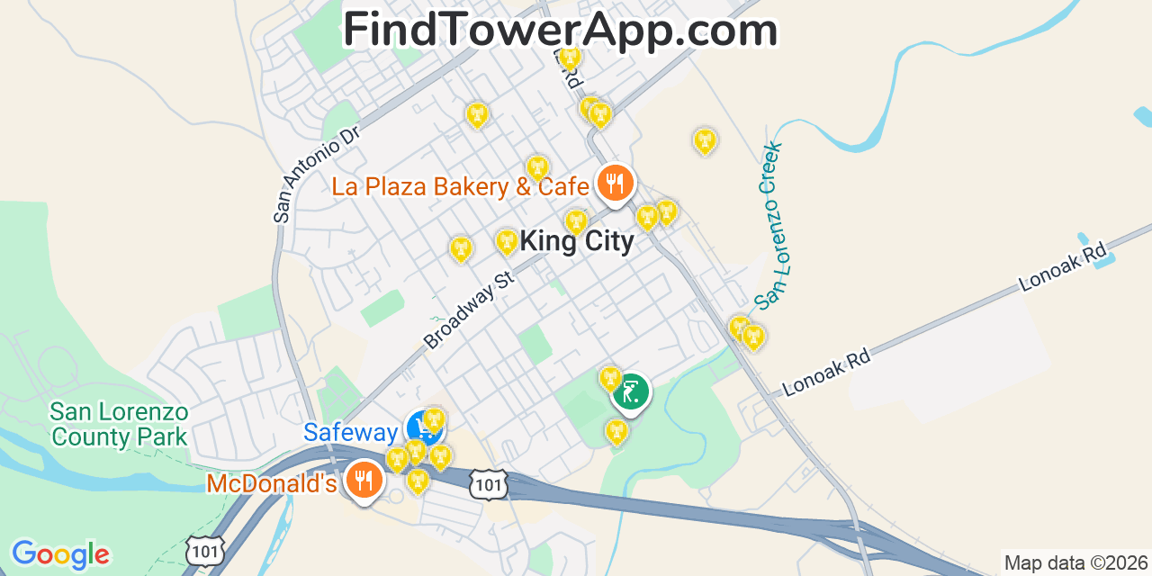 Map showing the 20 primary cell tower locations detected in King City, California from AT&T, Verizon, and T-Mobile networks