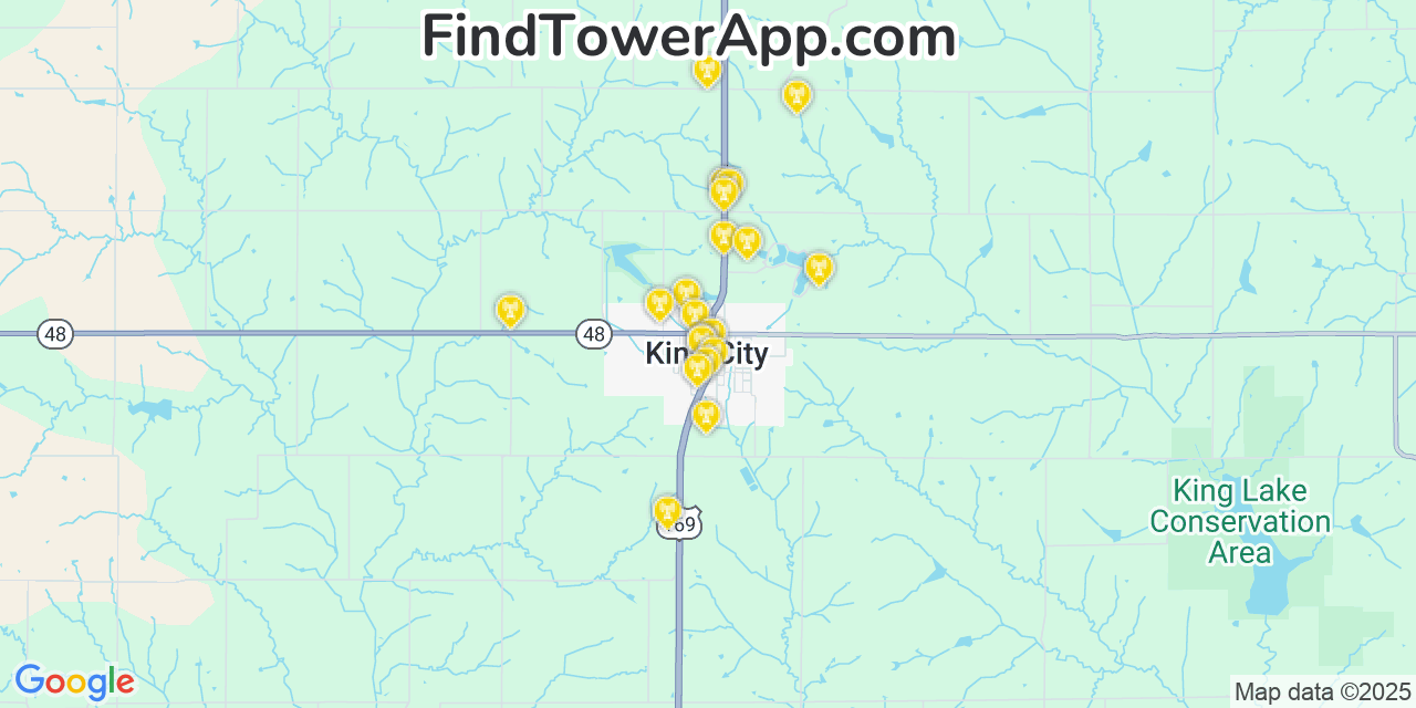 Map showing the 20 primary cell tower locations detected in King City, Missouri from AT&T, Verizon, and T-Mobile networks