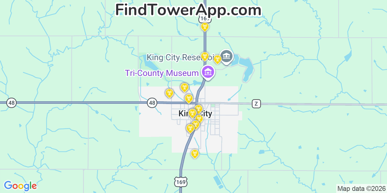 Map showing the 20 primary cell tower locations detected in King City, Missouri from AT&T, Verizon, and T-Mobile networks