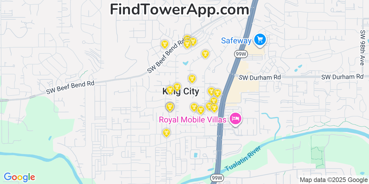 Map showing the 20 primary cell tower locations detected in King City, Oregon from AT&T, Verizon, and T-Mobile networks