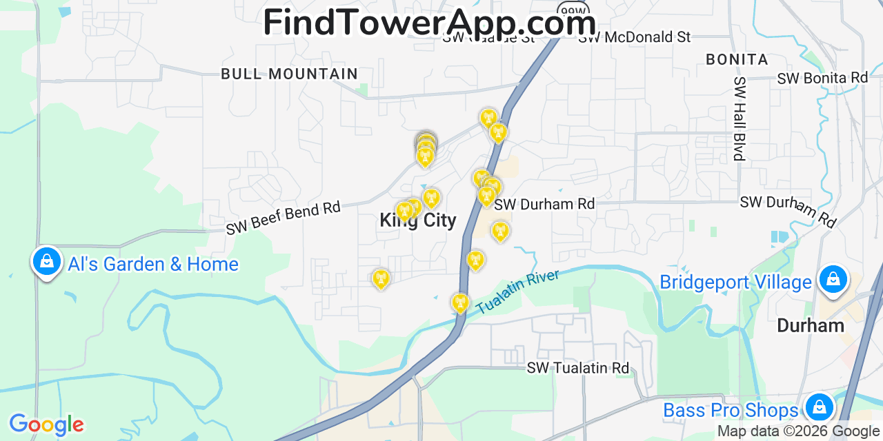 Map showing the 20 primary cell tower locations detected in King City, Oregon from AT&T, Verizon, and T-Mobile networks