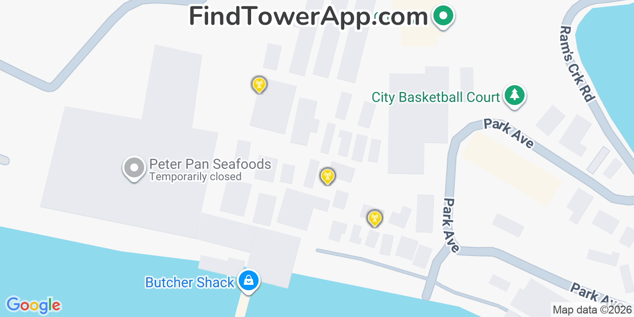 Map showing the 20 primary cell tower locations detected in King Cove, Alaska from AT&T, Verizon, and T-Mobile networks