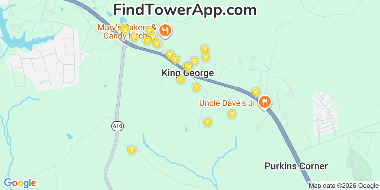 Map showing the 20 primary cell tower locations detected in King George, Virginia from AT&T, Verizon, and T-Mobile networks