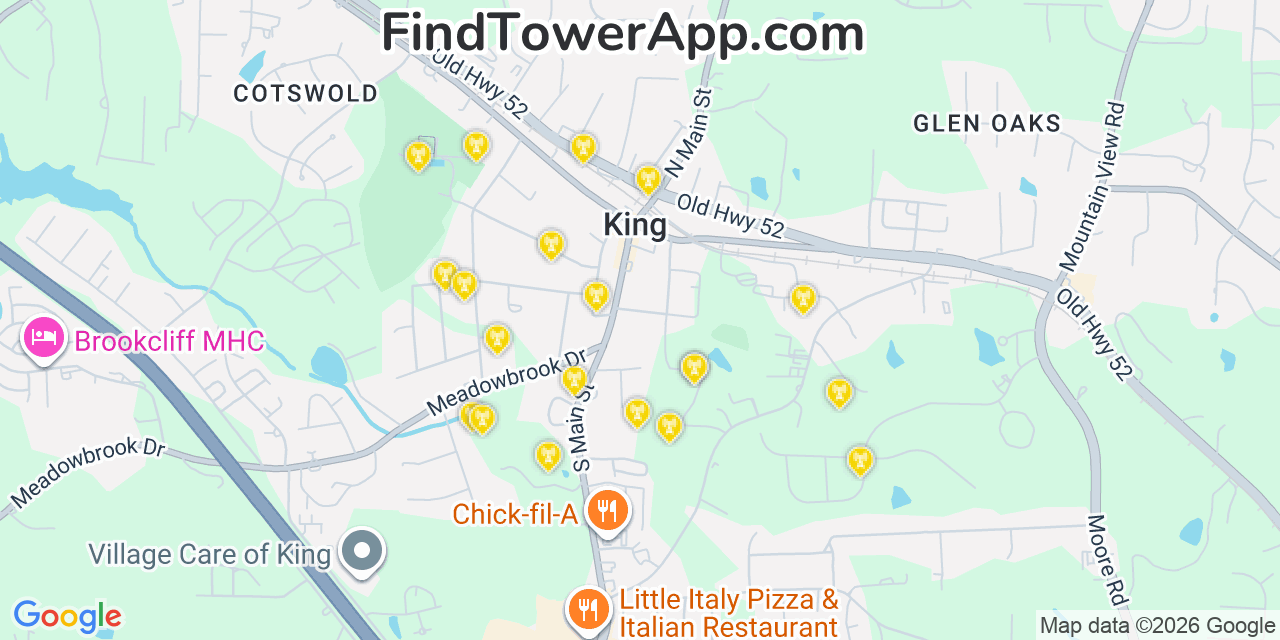 Map showing the 20 primary cell tower locations detected in King, North Carolina from AT&T, Verizon, and T-Mobile networks