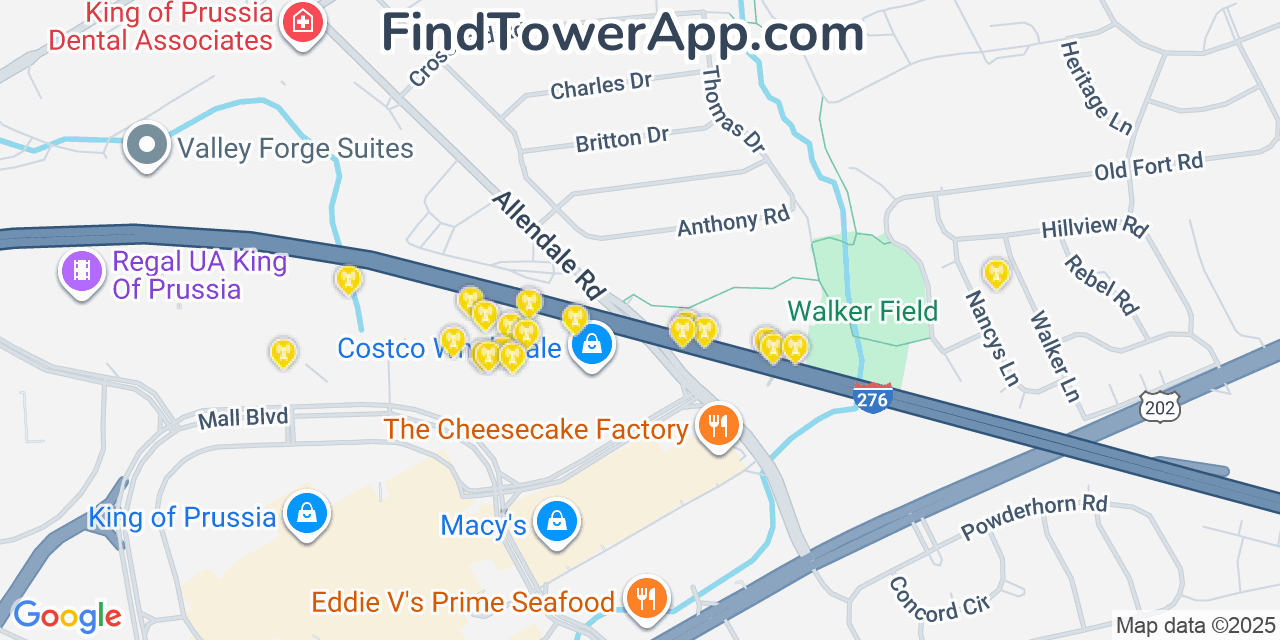 Map showing the 20 primary AT&T cell tower locations detected in King Of Prussia, Pennsylvania with coverage radius and signal strength indicators