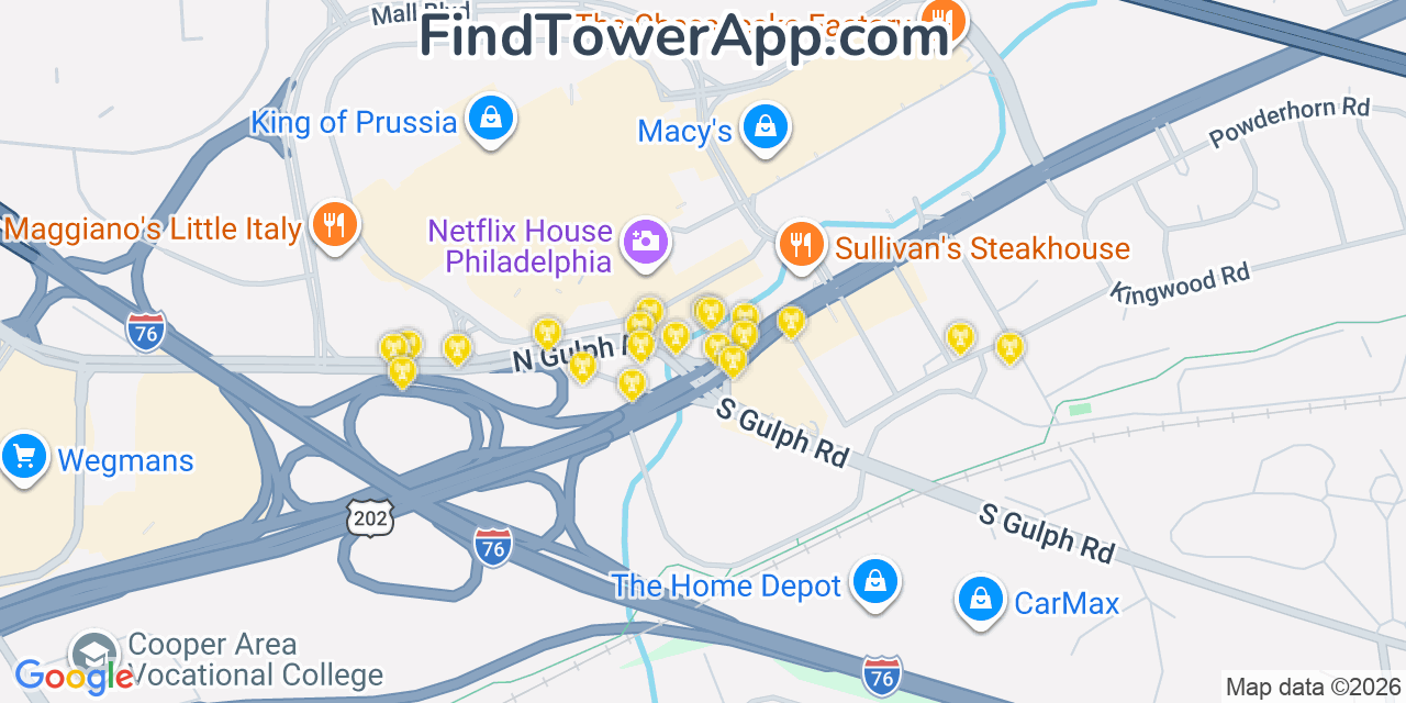 Map showing the 20 primary cell tower locations detected in King Of Prussia, Pennsylvania from AT&T, Verizon, and T-Mobile networks
