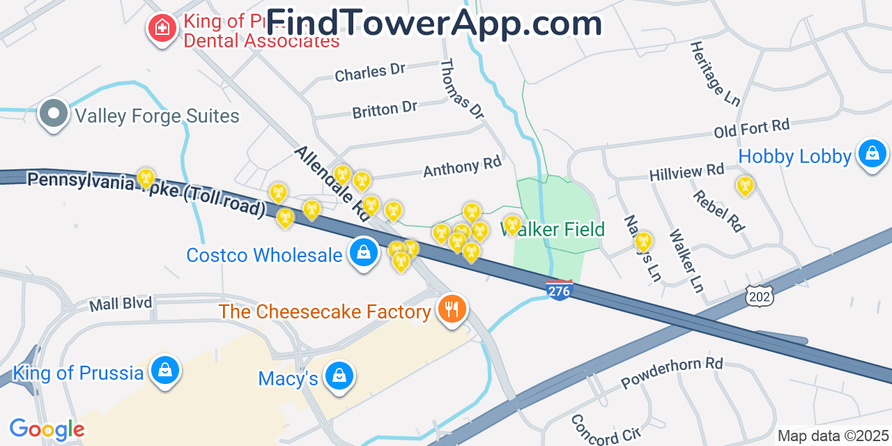 Map showing the 20 primary T-Mobile cell tower locations detected in King Of Prussia, Pennsylvania with coverage radius and signal strength indicators