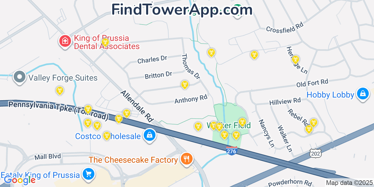 Map showing the 20 primary Verizon cell tower locations detected in King Of Prussia, Pennsylvania with coverage radius and signal strength indicators